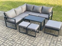 Fimous Aluminium Outdoor Garden Furniture Set Lounge Sofa Coffee Table Sets with 3 Footstools Indoor Conservatory Set Dark Grey - thumbnail 1