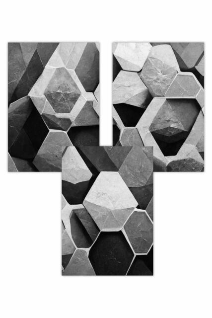 ARTZE Set of 3 Geometric Abstract Black & Grey Hexagons Art Posters - Size: W50 cm x H70 cm - image 1