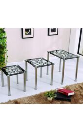 Modernique Tempered Glass Nest of 3 Tables Set with Chrome Frame in Black - thumbnail 1