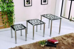 Modernique Tempered Glass Nest of 3 Tables Set with Chrome Frame in Black - thumbnail 2