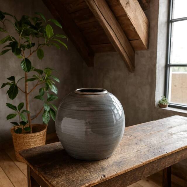 Wyld Haus Bloomwood Grey Glazed Round Ceramic Vase Crackle Effect - image 1