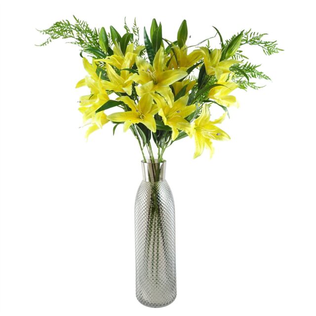 Leaf 100cm Artificial Yellow Lily & Fern Display Glass Vase - image 1
