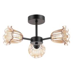 Happy Homewares Designer Matte Black Ceiling Light with Amber Floral Glass Shades - thumbnail 1