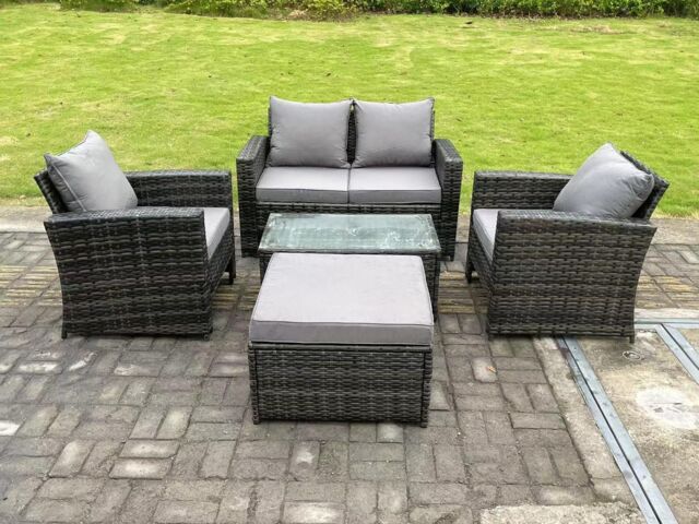Fimous 5 Seater Dark Grey Mixed High Back Rattan Sofa Set Rectangular Coffee Table Garden Furniture Outdoor Patio