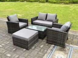 Fimous 5 Seater Dark Grey Mixed High Back Rattan Sofa Set Rectangular Coffee Table Garden Furniture Outdoor Patio - thumbnail 2
