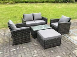 Fimous 5 Seater Dark Grey Mixed High Back Rattan Sofa Set Rectangular Coffee Table Garden Furniture Outdoor Patio - thumbnail 3