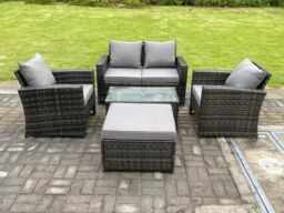 Fimous 5 Seater Dark Grey Mixed High Back Rattan Sofa Set Rectangular Coffee Table Garden Furniture Outdoor Patio - thumbnail 1
