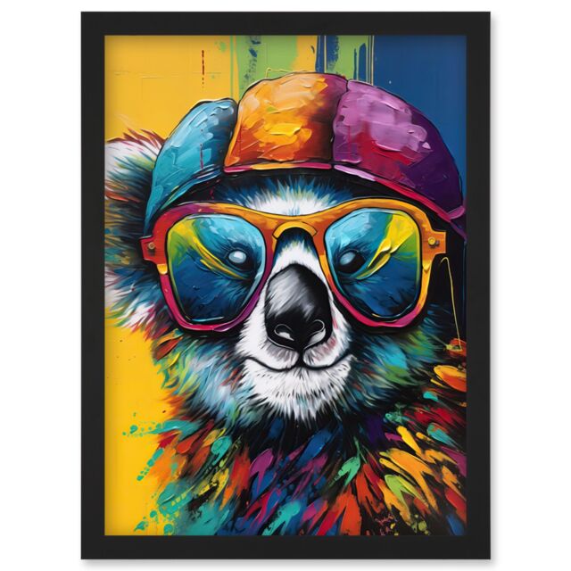 Artery8 Rainbow Koala Bear with Sunglasses & Hat Modern Artwork Framed Wall Art Print A4 in Black - image 1