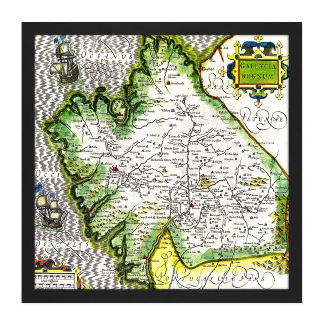 "Artery8 Wall Art Print Map Antique Mercator 16th Century Galicia Old Replica Square Framed Picture 16X16 Inch in Black - Size: W16"" x H16""" - image 1