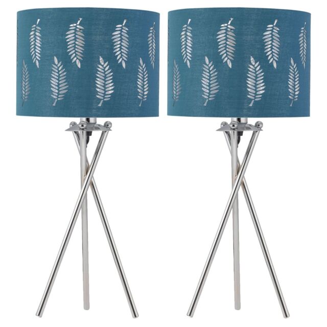 First Choice Lighting Set of 2 Tripod Table Lamps with Teal Fern Cut Out Shades in Silver - image 1
