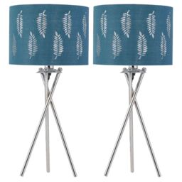 First Choice Lighting Set of 2 Tripod Table Lamps with Teal Fern Cut Out Shades in Silver
