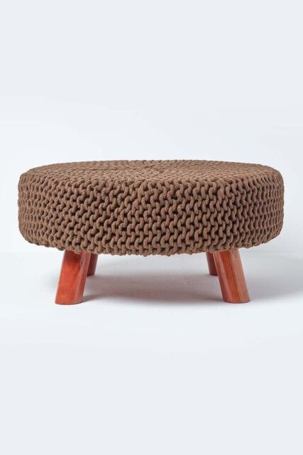 Homescapes Large Round Cotton Knitted Footstool on Legs in Chocolate - image 1