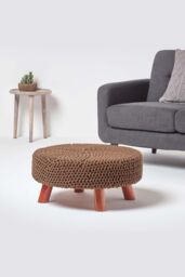 Homescapes Large Round Cotton Knitted Footstool on Legs in Chocolate - thumbnail 2