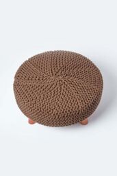 Homescapes Large Round Cotton Knitted Footstool on Legs in Chocolate - thumbnail 3