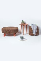 Homescapes Large Round Cotton Knitted Footstool on Legs in Chocolate - thumbnail 6