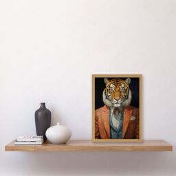 Artery8 Wall Art Print Tiger About Town Artwork Coral Pink & Cerulean Blue Suit Conceptual Portrait Artwork Framed A4 in Light Oak - thumbnail 2