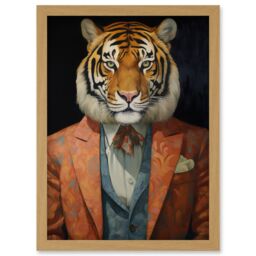 Artery8 Wall Art Print Tiger About Town Artwork Coral Pink & Cerulean Blue Suit Conceptual Portrait Artwork Framed A4 in Light Oak - thumbnail 1