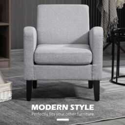 HOMCOM Modern Armchair Accent Chair with Rubber Wood Legs for Bedroom in Light Grey - thumbnail 4