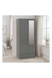 Seconique Denver 2 Door 1 Drawer Mirrored Wardrobe - Grey Gloss - thumbnail 1