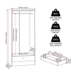 Seconique Denver 2 Door 1 Drawer Mirrored Wardrobe - Grey Gloss - thumbnail 9