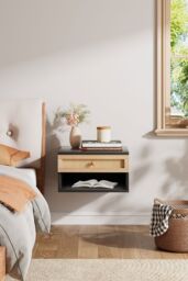 H&O Direct Floating Bedroom Nightstand with Pseudo-rattan Drawer in Black