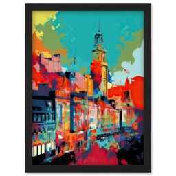 Artery8 Nottingham City England Cityscape Vibrant Abstract Artwork Framed Wall Art Print A4 in Black - thumbnail 1