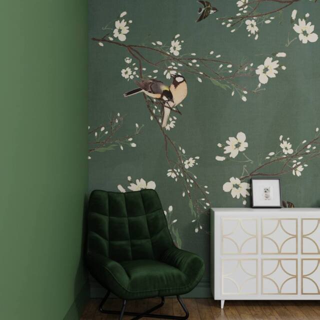 Superfresco Easy Birds & Blossom Dark Green Print To Order 3m x 2.8m Mural - image 1