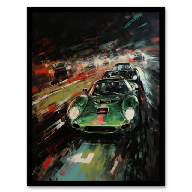 Artery8 Wall Art Print Classic Sports Car British Racing Green Night Race Action Painting For Him Fan Man Cave Art Framed in Black - Size: A4 - image 1