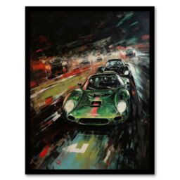 Artery8 Wall Art Print Classic Sports Car British Racing Green Night Race Action Painting For Him Fan Man Cave Art Framed in Black - Size: A4 - thumbnail 1