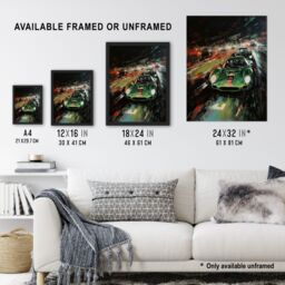 Artery8 Wall Art Print Classic Sports Car British Racing Green Night Race Action Painting For Him Fan Man Cave Art Framed in Black - Size: A4 - thumbnail 3