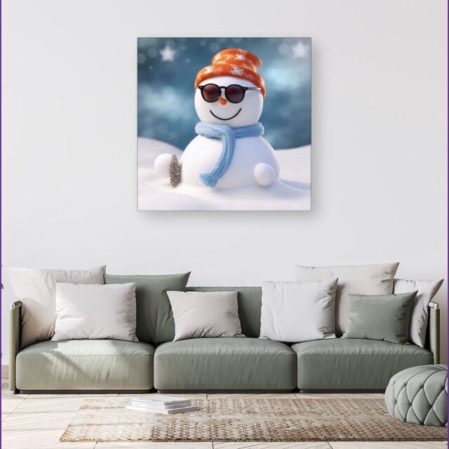 Warren Reed - Designer Smily Snowman Canvas in White - Size: w40 inch x h40 inch - image 1