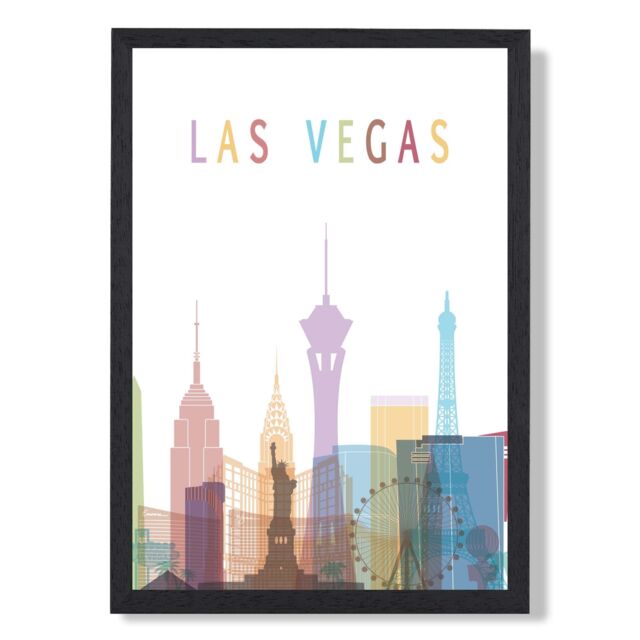 ARTZE Las Vegas Colourful City Skyline Framed Print SIZE: A2 with Black Frame in Pale Blue - Size: A4 - image 1