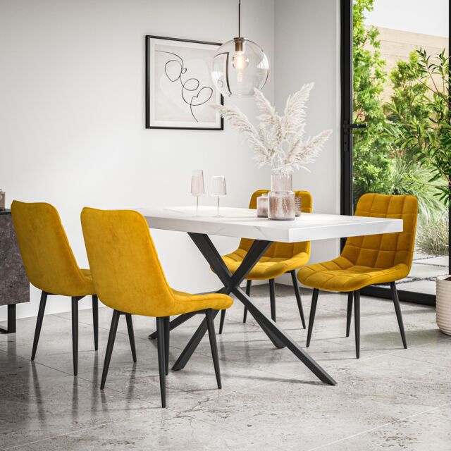 More4Homes Donni Dining Table & Chairs - White Marble Effect Table Top w Black Legs + Nova Velvet Dining Chair Set Of 4 in Mustard - image 1