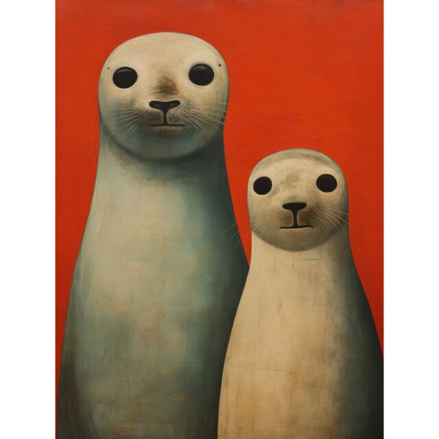 "Artery8 Wall Art Print Seal Pups Portrait White Cream On Red Crimson Coral Detailed Oil Painting Poster - Size: W12"" x H16""" - image 1