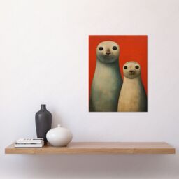 "Artery8 Wall Art Print Seal Pups Portrait White Cream On Red Crimson Coral Detailed Oil Painting Poster - Size: W12"" x H16""" - thumbnail 2