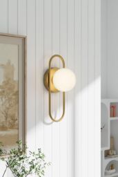 H&O Direct Golden Wall Light with Frosted Glass Bulb in Gold - thumbnail 1