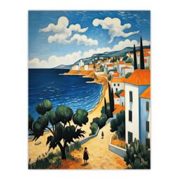 "Artery8 Wall Art Print Italian Coastal Cityscape at Summer Oil Painting Poster Picture in Blue - Size: W18"" x H24""" - thumbnail 1