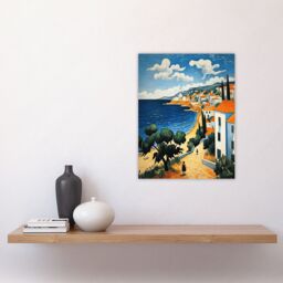"Artery8 Wall Art Print Italian Coastal Cityscape at Summer Oil Painting Poster Picture in Blue - Size: W18"" x H24""" - thumbnail 4