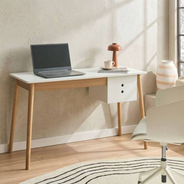 Wyld and Coco Desk White with Pine Accents 120 x 50 cm with Drawer Storage - image 1