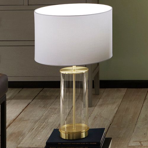 Ruma Glass Cylinder Table Lamp With Gold Detail & White Lampshade - image 1