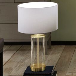 Ruma Glass Cylinder Table Lamp With Gold Detail & White Lampshade