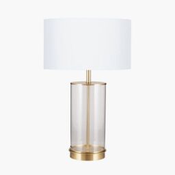 Ruma Glass Cylinder Table Lamp With Gold Detail & White Lampshade - thumbnail 2