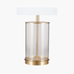 Ruma Glass Cylinder Table Lamp With Gold Detail & White Lampshade - thumbnail 3