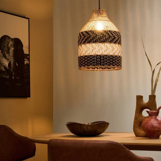 Wyld and Coco Pendant Lamp Handmade Black and White Rattan Shade Iron Boho Lighting - image 1