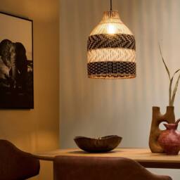 Wyld and Coco Pendant Lamp Handmade Black and White Rattan Shade Iron Boho Lighting