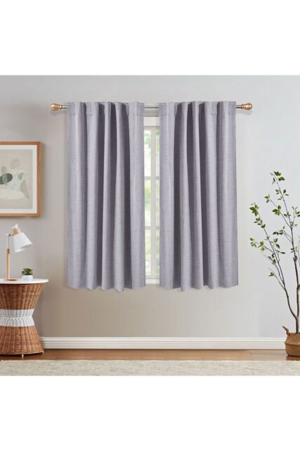 Living and Home 2 Panels Grey Faux Linen Back Tab or Rod Pocket Blackout Curtains for Bedroom, Living Room, 117cm W x 137cm H - image 1