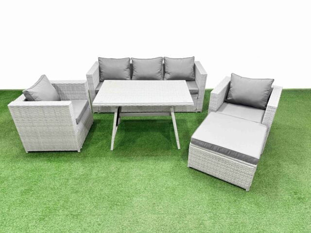Fimous 6 Pieces Outdoor PE Rattan Sofa Armchair Set with Big Stool Light Grey - image 1