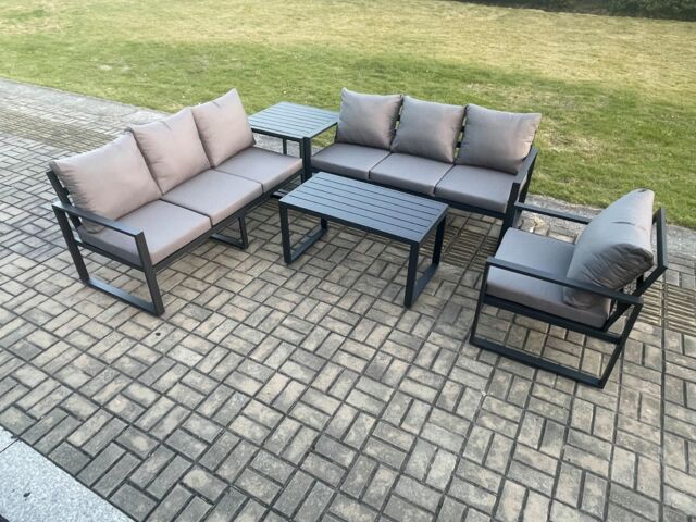 Fimous Aluminium 7 Seater Garden Furniture Outdoor Patio Sofa Set with Rectangular Coffee Table Armchair Side Table Dark Grey - image 1