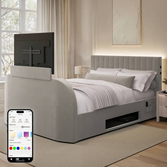 X Rocker Maisie 5.1 Ottoman TV Lift Bed, Surround Sound & App Controlled LED in Grey - Size: Double - image 1