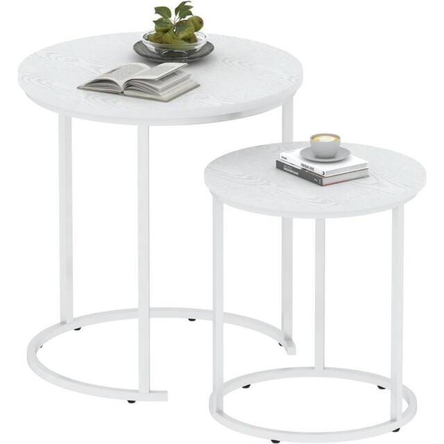 Huhote Round Nesting Coffee Tables Set of 2 White Frame White Wood Top - image 1